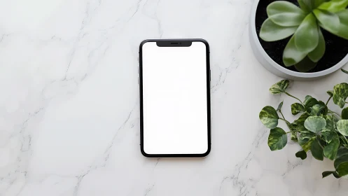 Smartphone with blank screen on marble desk with plants
