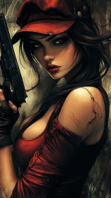 Woman in red cap holds handgun in stylized digital portrait