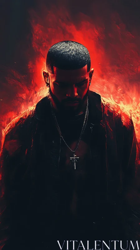 Male figure emerges from infernal red backlight in profile