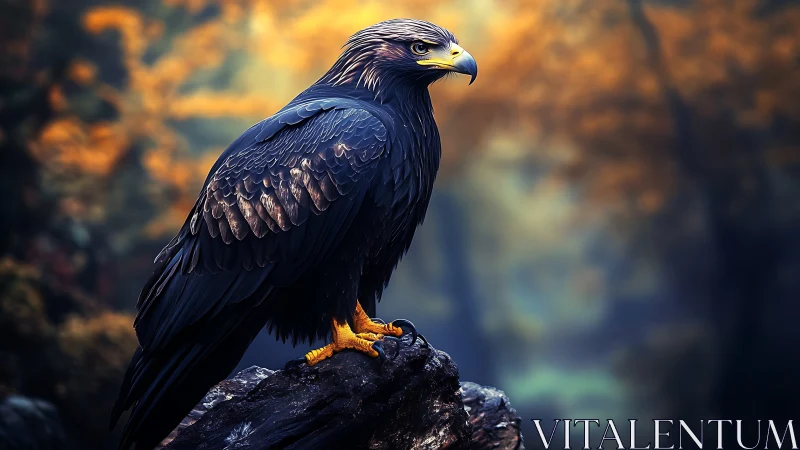 Majestic eagle perched on rock in autumn forest, digital art style.