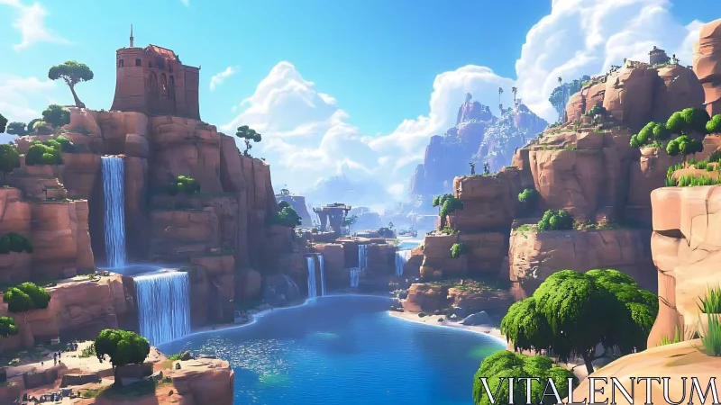 Fantastical Canyon Valley with Waterfalls and Fortress Architecture