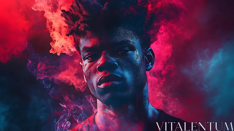 Portrait in red and blue vapor with contrasted lighting effects.