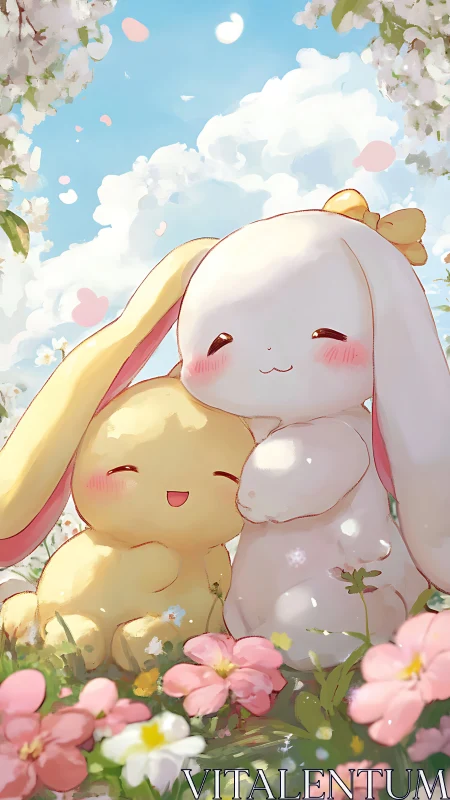 Pastel chibi bunnies cuddling in flower meadow under spring sky