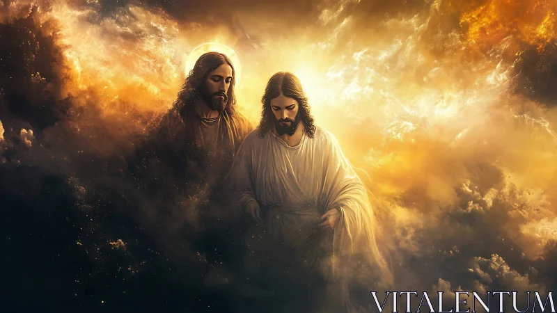 Dual messianic figures emerge from radiant celestial clouds