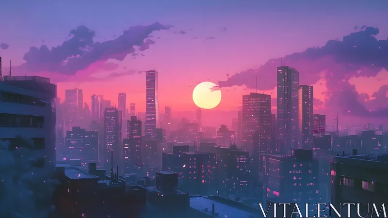 Neon dusk skyline glows under low sun above dense city