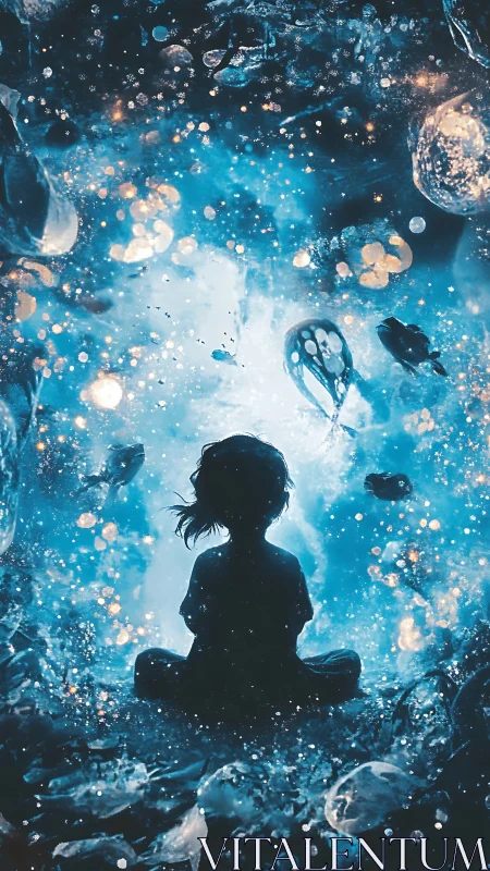 Silhouetted child adrift in luminescent cosmic dreamscape.