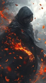 Hooded cloaked figure amid swirling fire and embers.