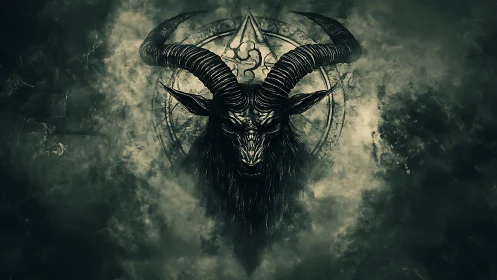 Horned demonic goat emerges from occult sigil in smoke