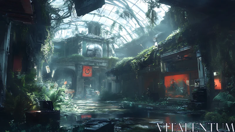 Overgrown abandoned mall flooded with light and foliage.