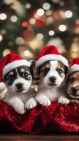 Santa hat puppy trio guarding the glittering Christmas hush.