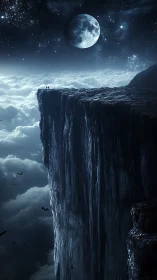 Couple stands on sheer cliff above clouds under full moon.