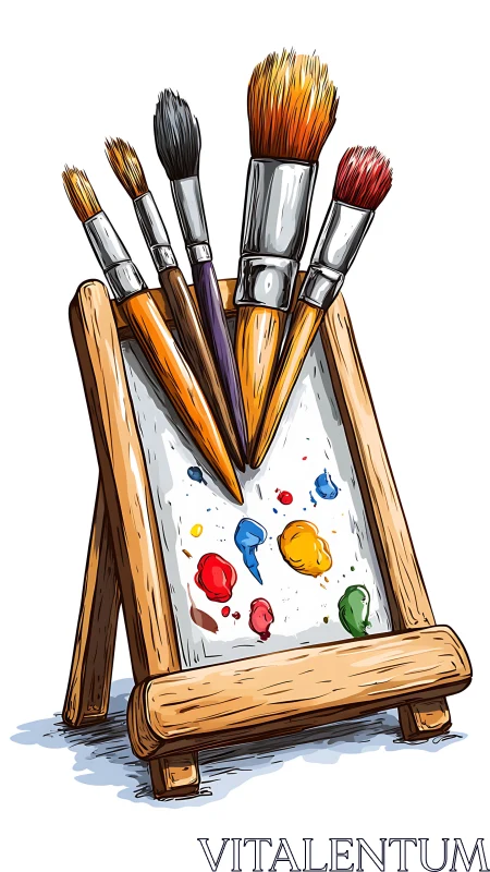 Studio brushes on wooden mini easel with vivid paint splashes.
