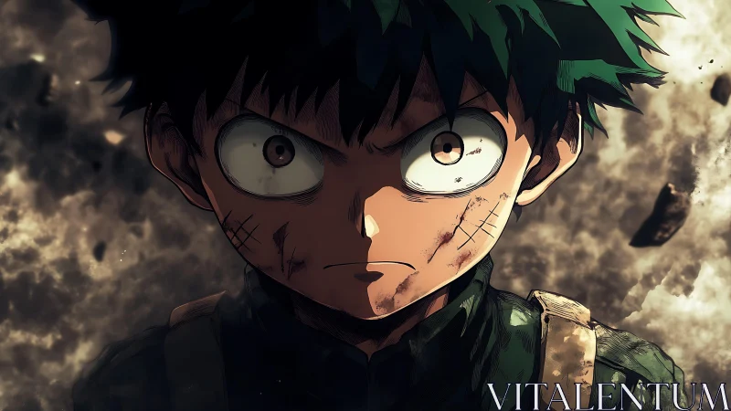 Battle-scarred anime hero stares forward with fierce resolve