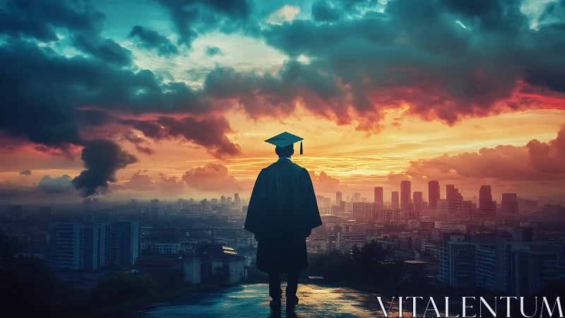 Graduate silhouette overlooks glowing city at stormy sunrise