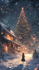 Snowlit girl beneath a towering wish-bright Christmas tree.