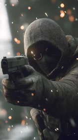 Hooded armed figure aiming handgun in blurred outdoor scene.