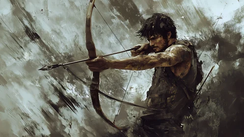 Mud-smeared archer draws bow through storm-swirled chaos.