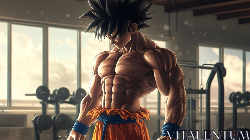 Anime warrior stands focused in sunlit modern gym interior.