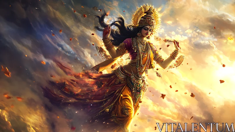 Digital rendering depicts ornamented female figure in clouds