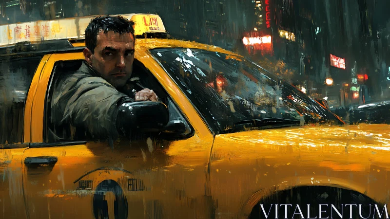 Taxi driver leans from yellow cab in rainy neon city