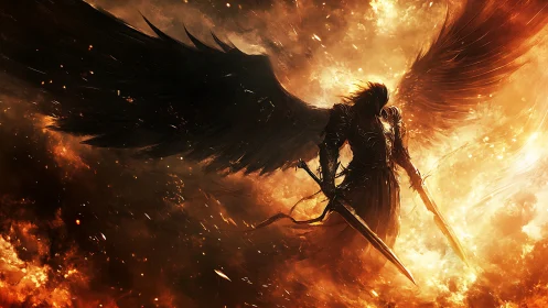 Armored dark angel wields twin flaming swords in inferno