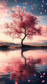 Solitary cherry tree glows in pastel sunset reflection.