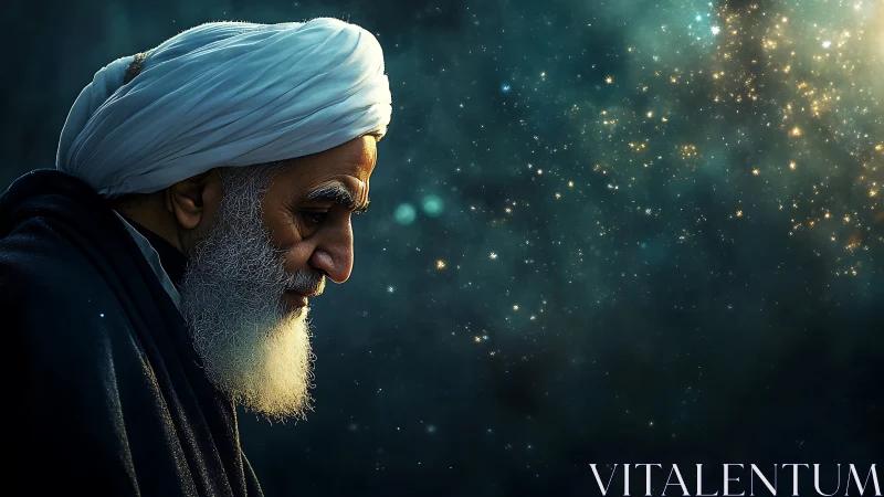 Elderly turbaned man in profile against star field backdrop.