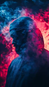 Hooded figure in dense blue and red illuminated smoke profile.