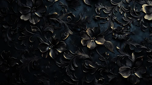 Gold-Accented Botanical Reliefs on Textured Dark Surface.