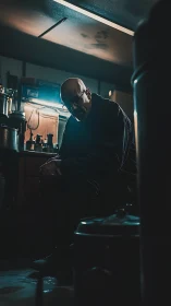 Low-key cinematic portrait in moody laboratory interior lighting.