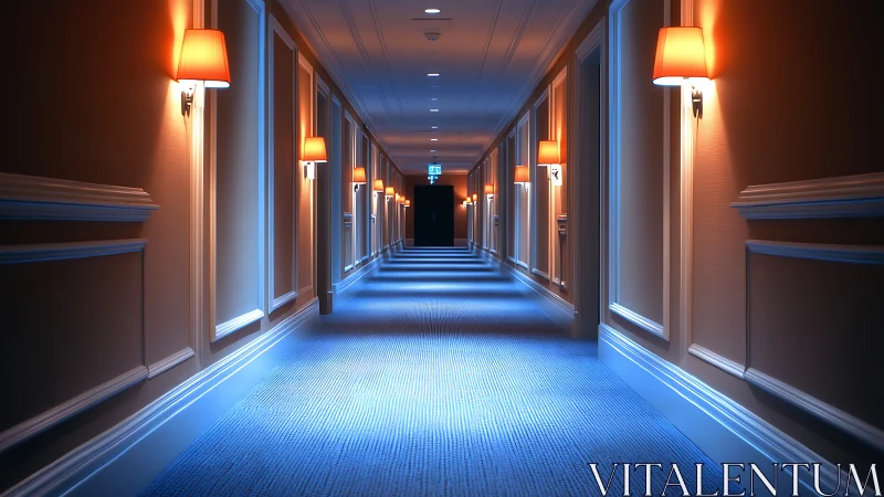 Hotel hallway glows with warm lamps and cool blue light.