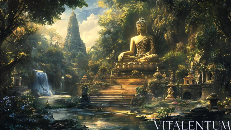 Golden Buddha statue in lush temple valley at sunrise.