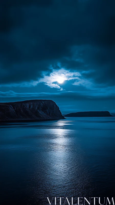Nocturnal seascape captures moonlit cliffs in cool cyan tones