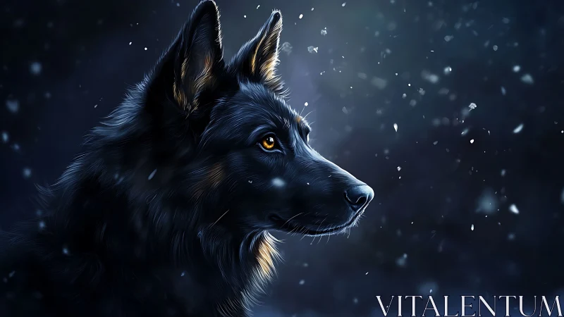 High-contrast profile of black shepherd in nocturnal snowfall