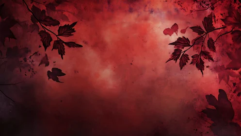 Crimson foliage silhouettes drift across a smoky abstract sky
