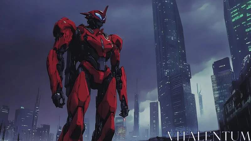 Red humanoid mecha stands among dense futuristic skyscrapers