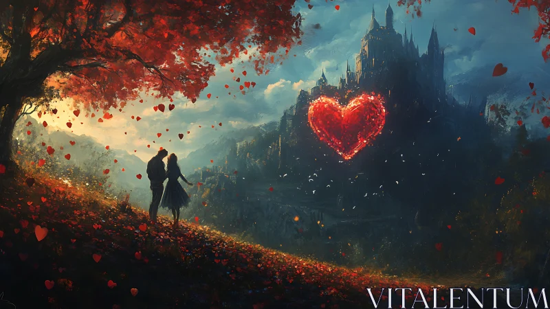 Couple Standing on Hillside Overlooking Dark Castle with Glowing Heart