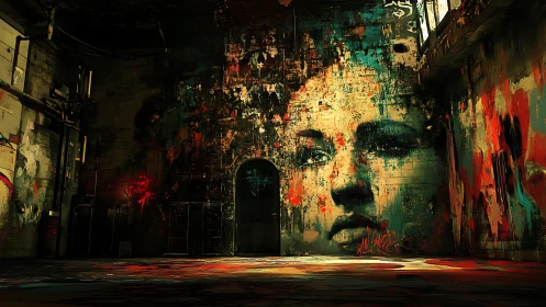 Urban warehouse mural with haunting abstract portrait.