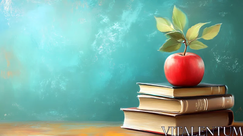 Chromatic still life of stacked textbooks and apple foliage.