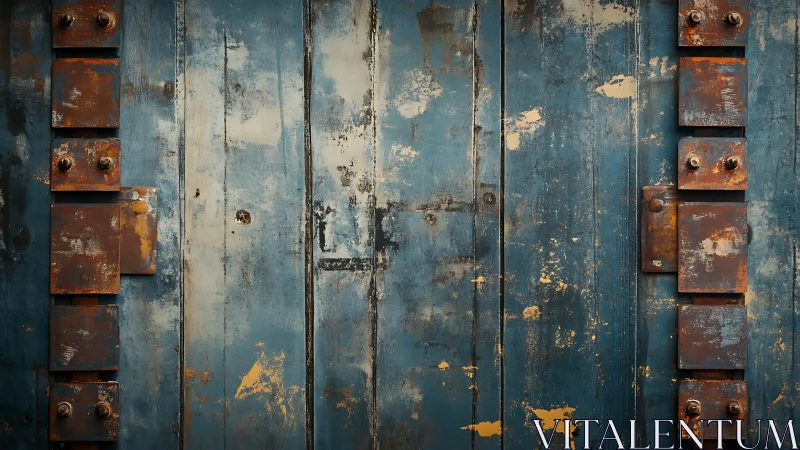 Weathered blue metal doors with rusted bolted plates exposed.