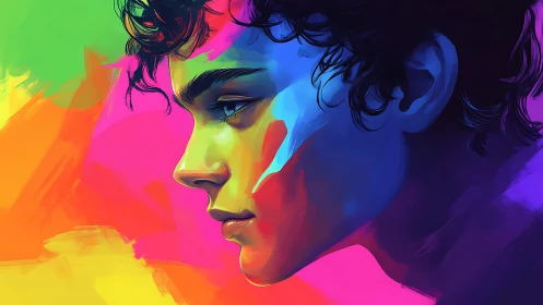 Vivid profile portrait of young person in neon colors.