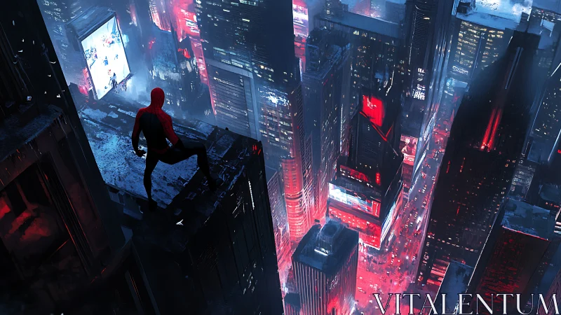 Rooftop guardian watching neon city streets below at night.