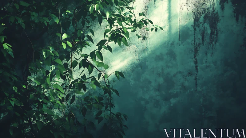 Overgrown wall with climbing vegetation and weathered surface.