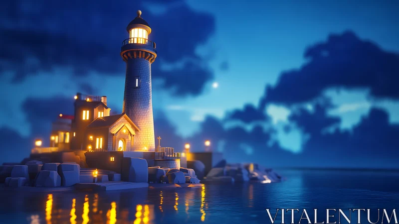 Lighthouse Structure Illuminated Against Twilight Sky