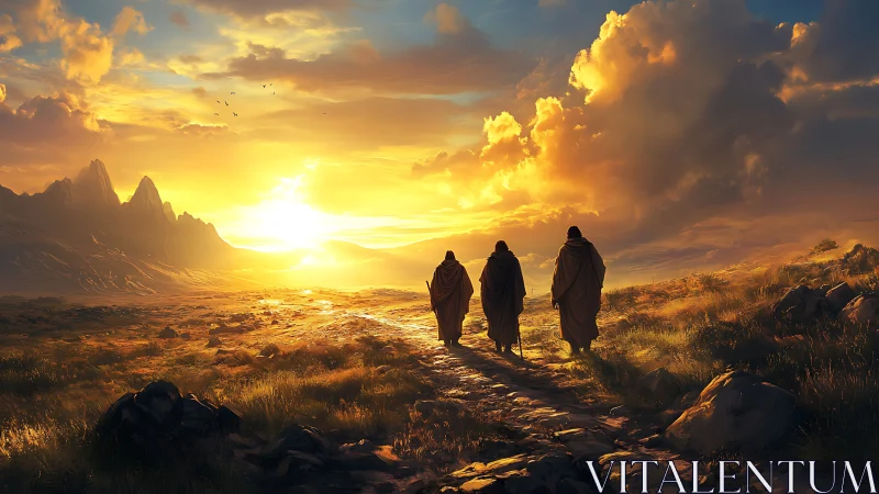 Triadic robed figures traversing sunlit highland path at dusk.