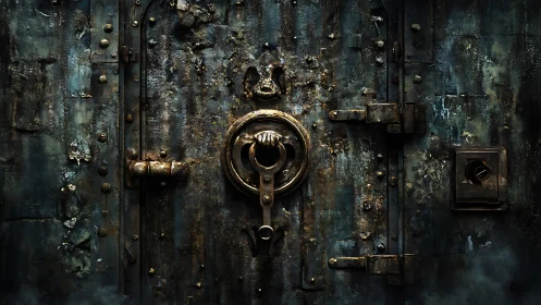 Rusted metal vault door with heavy circular knocker.