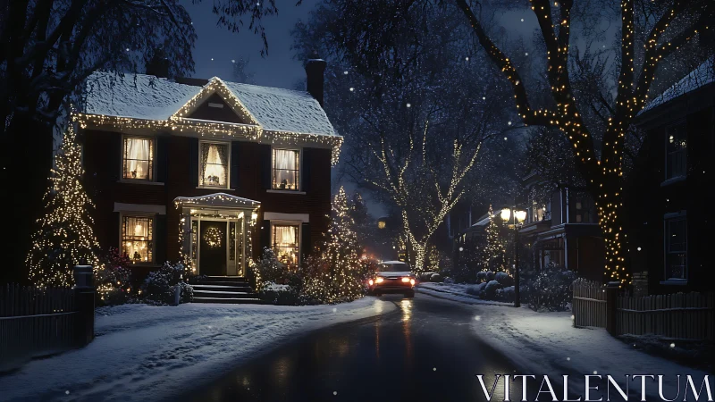 Snowy suburban street scene shows warm-lit house and car