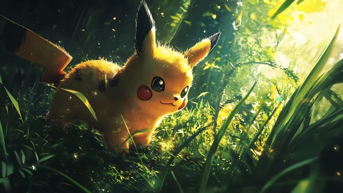 Electric creature explores sunlit forest floor softly