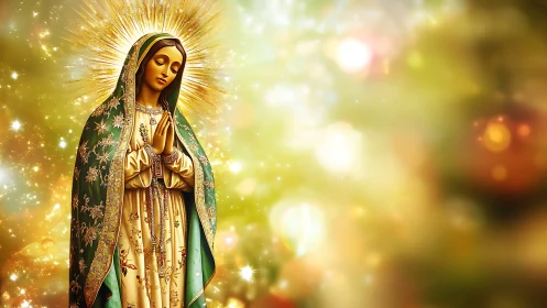 Digital painting of radiant praying Madonna with bokeh halo.