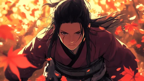 Autumn warrior advances through swirling maple leaves with intent